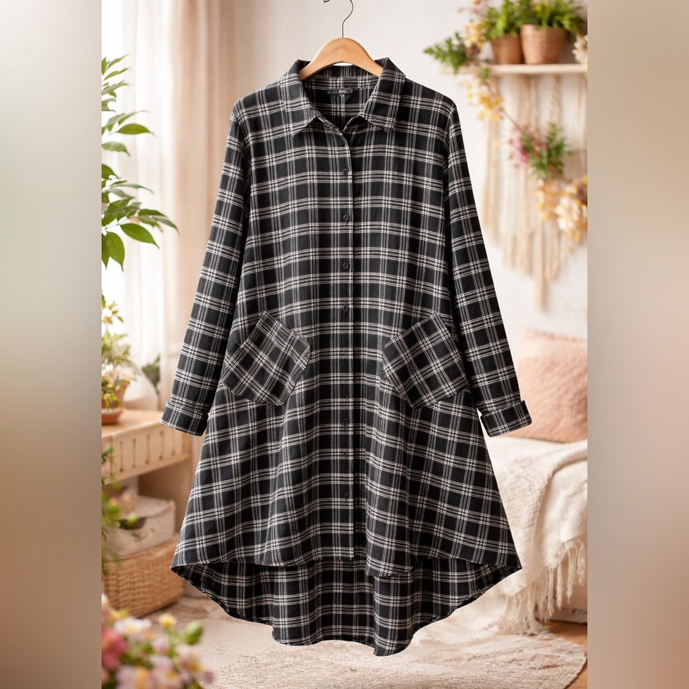 Black & White Plaid Shirt Dress XL • Hi-Low Hem • Pockets • Boho Western